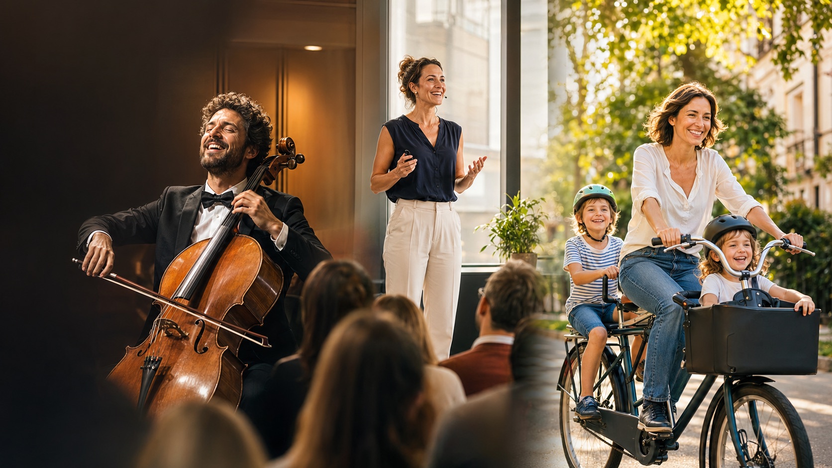 Smiling people in real life: a cellist, a speaker, and a mother biking with her children in warm daylight.