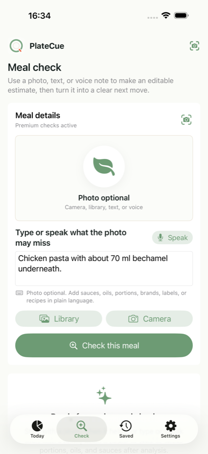PlateCue meal photo check-in screen with a simple add-photo placeholder and note field.