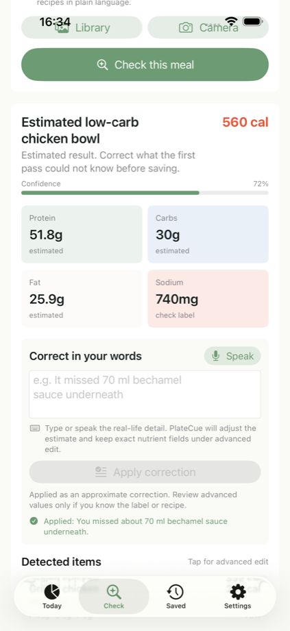 PlateCue edit item screen where nutrition estimates can be corrected.