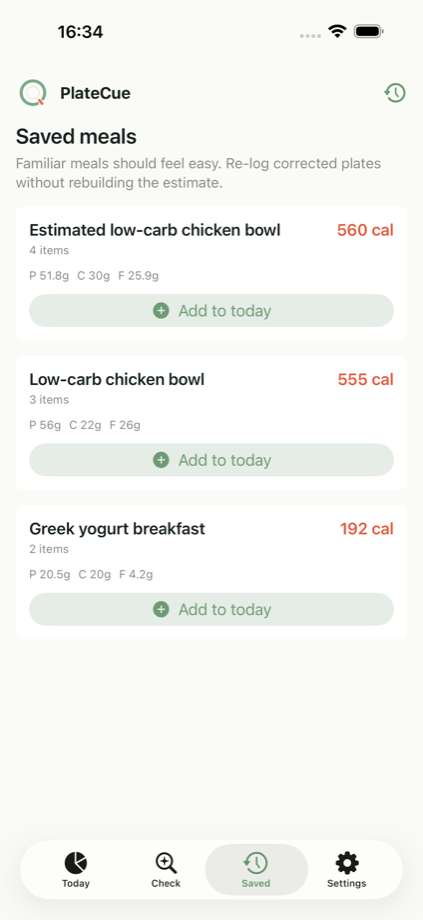 PlateCue saved meals screen with repeat meals.